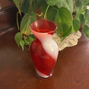 Vintage Art Glass Bud Vase ~ Red & White Swirl Pattern